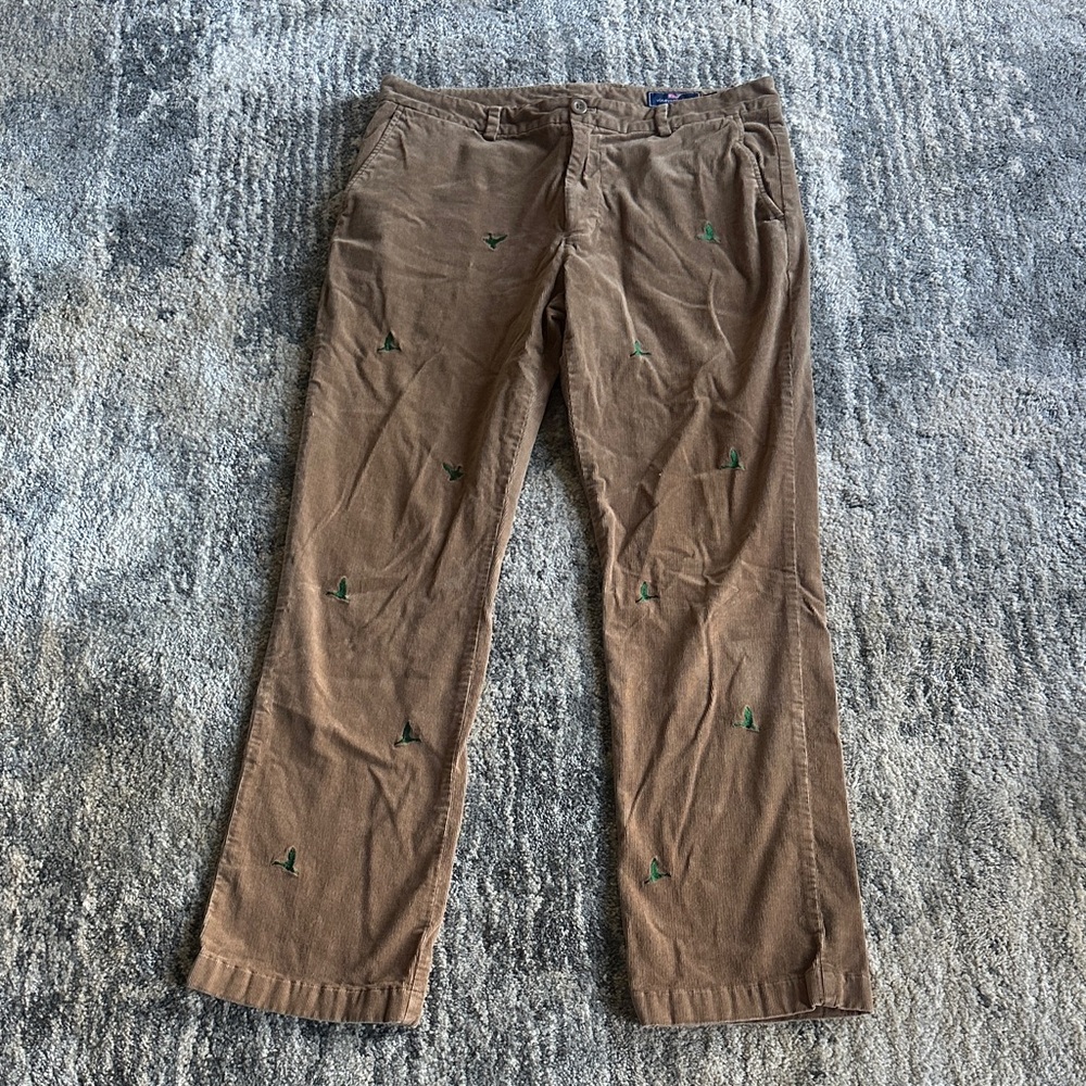 Vineyard Vines Tan Corduroy Chinos with Green bird Embroidery